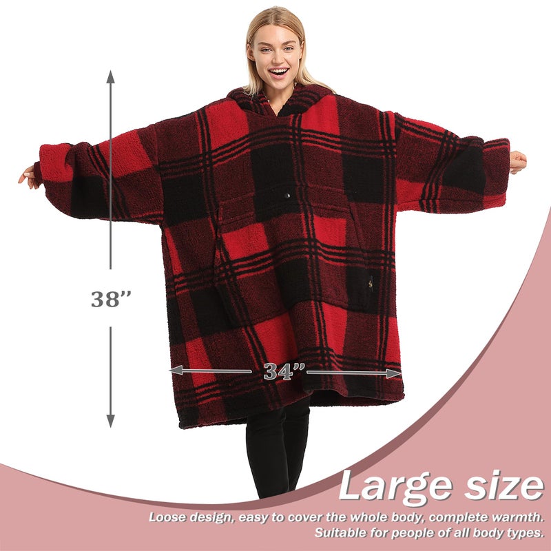 Catalonia Red Plaid Oversized Wearable Blanket Hoodie Sweatshirt, Comfortable Sherpa Lounging Pullover for Adults Men Women Wife Girlfriend, Gift for Her - Image 5